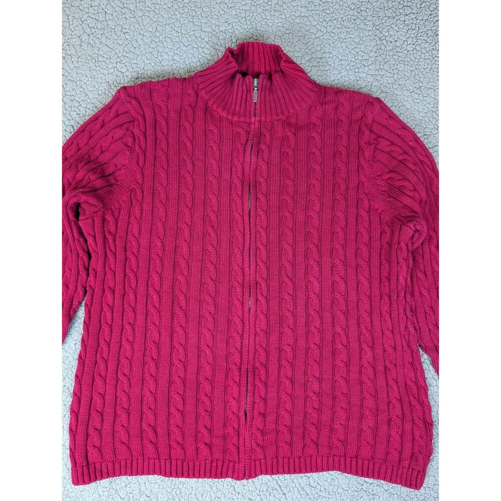 LL Bean Red Mock Neck Full Zip Cable 100% Cotton Cardigan Sweater Size XL